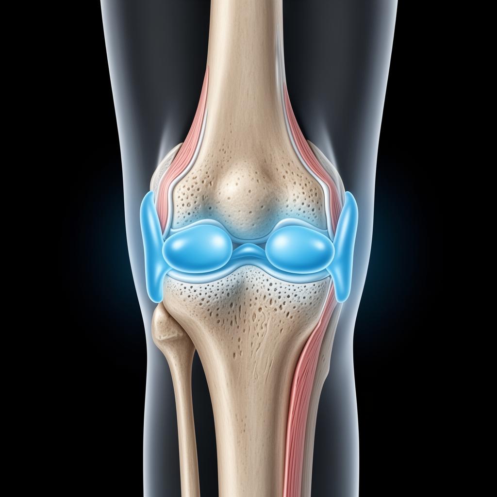 Anatomical view of knee joint showing bursa sacs positioned between bone and soft tissue