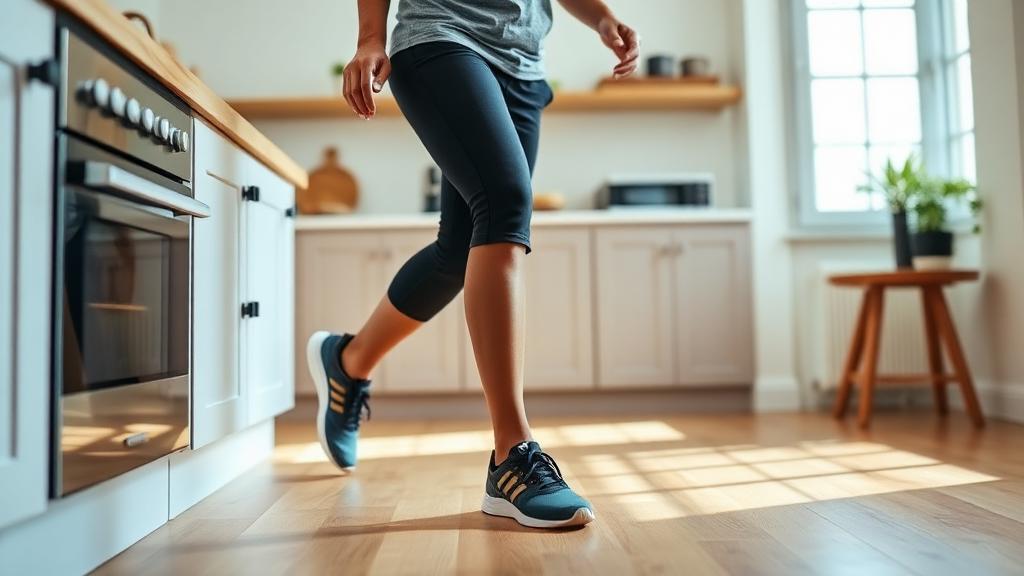 Person performing standing calf raises at home while holding a counter for balance