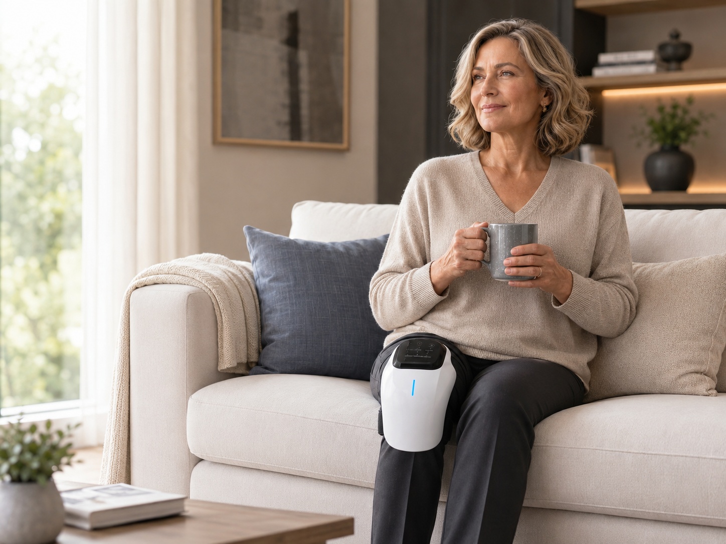Cordless heated knee device being used at home