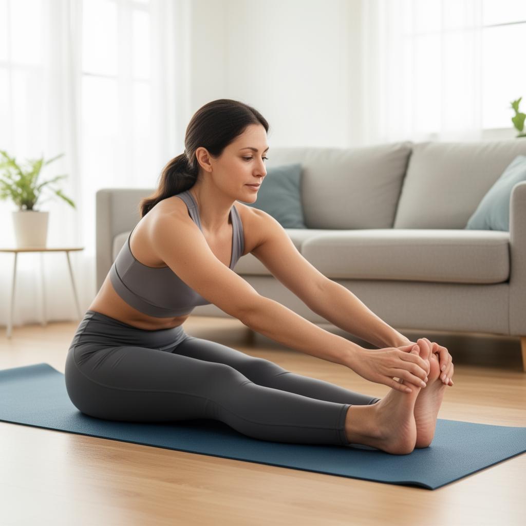 A person doing a seated stretch on a yoga mat at home, demonstrating gentle recovery movements for knee comfort