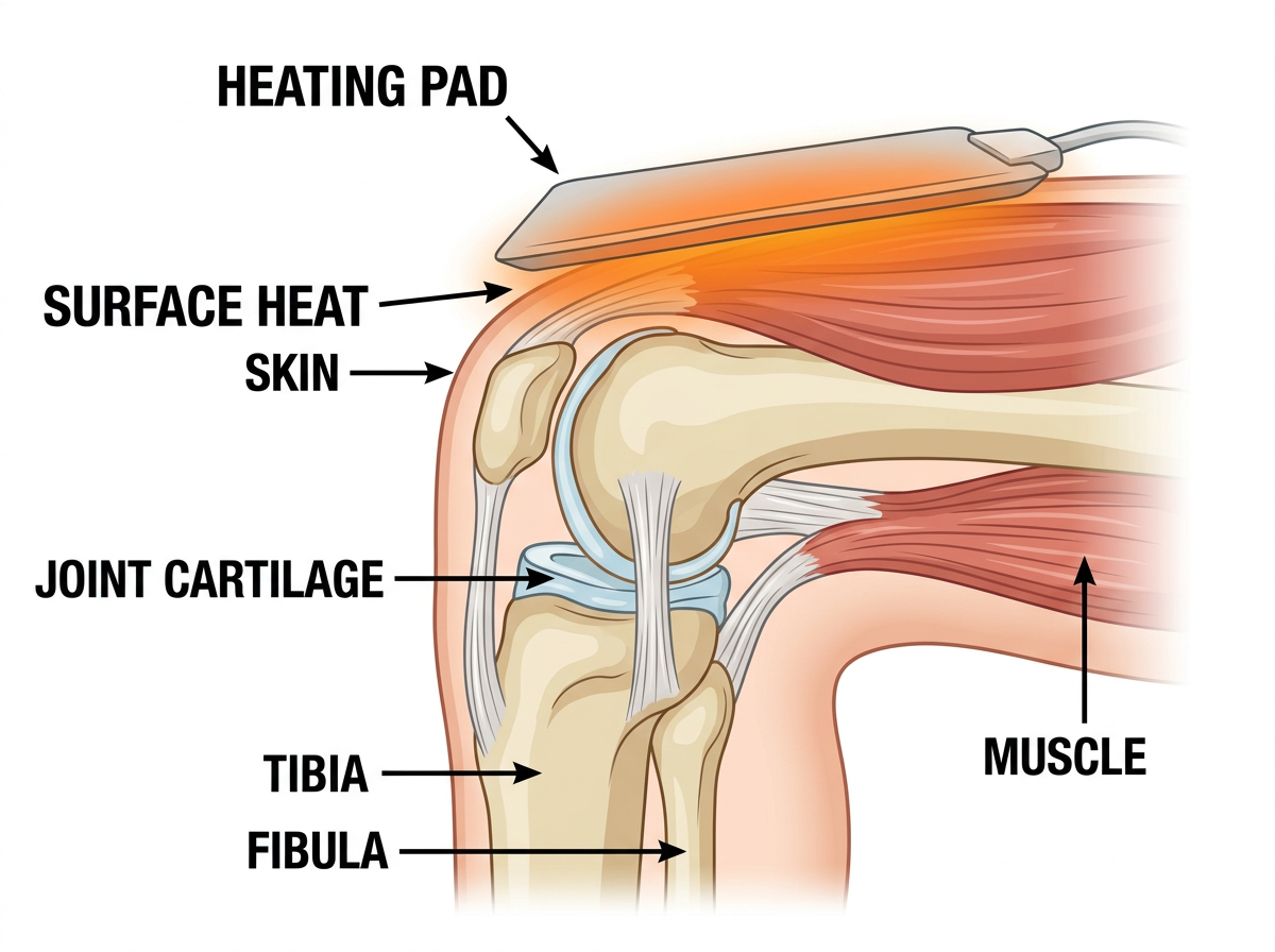 Illustration showing a heating pad providing surface-level warmth on a knee