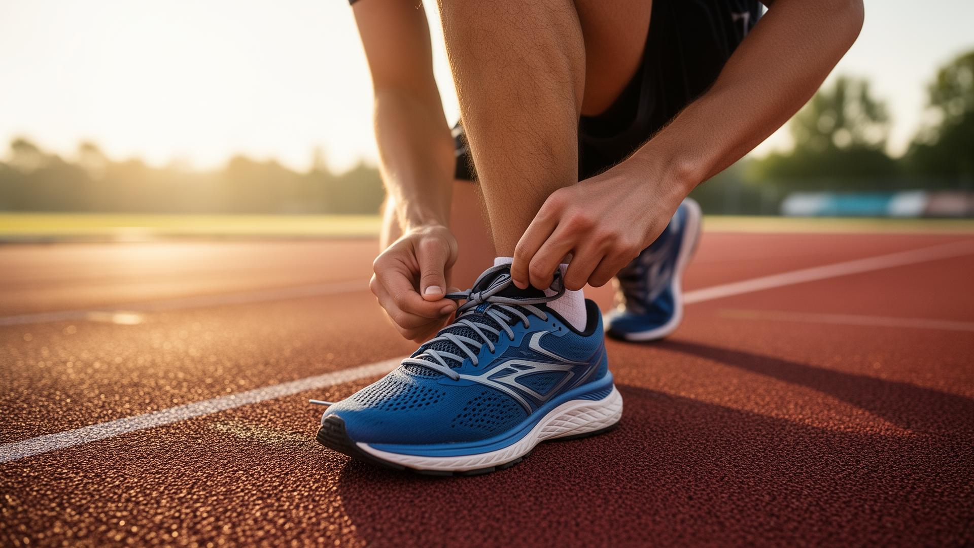 Runner checking shoe fit and knee comfort after a run