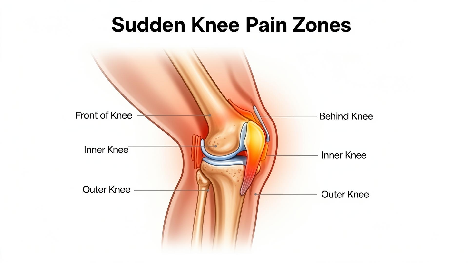 Diagram showing common sudden knee pain zones: front, behind, inner, and outer knee areas