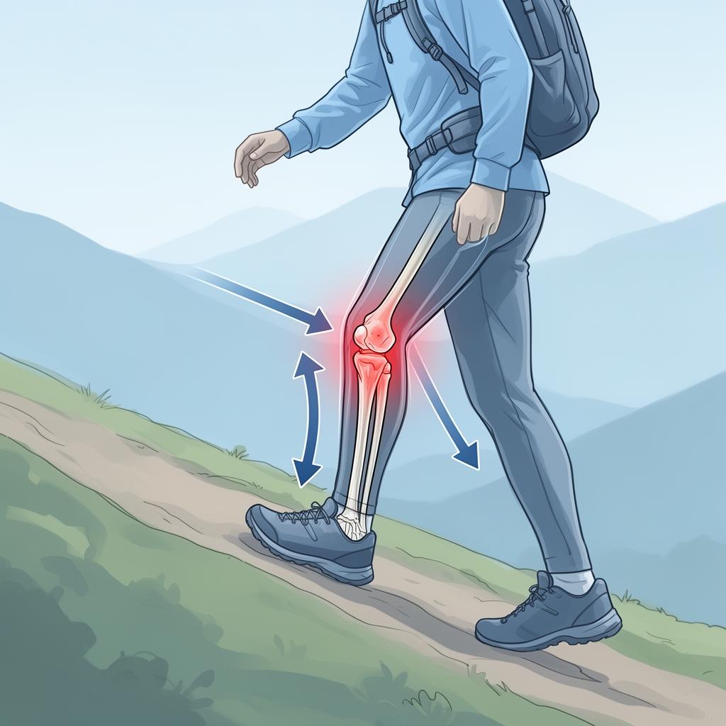 Illustration showing force arrows through the knee joint during downhill hiking