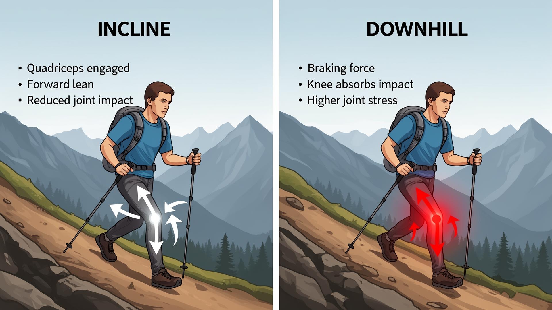 Comparison illustration of incline versus downhill knee stress during hiking