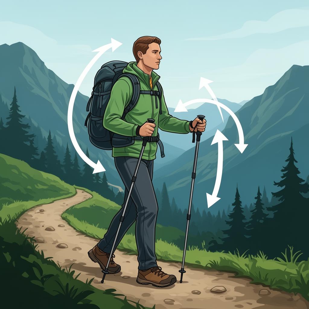 Illustration showing how trekking poles distribute body weight during hiking