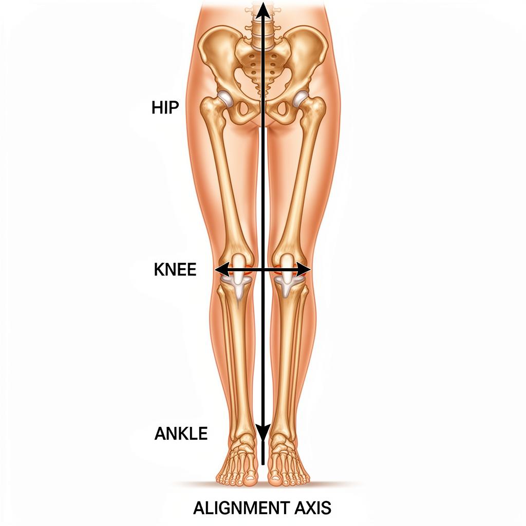 Diagram showing hip-knee-ankle alignment axis and how proper alignment supports knee stability