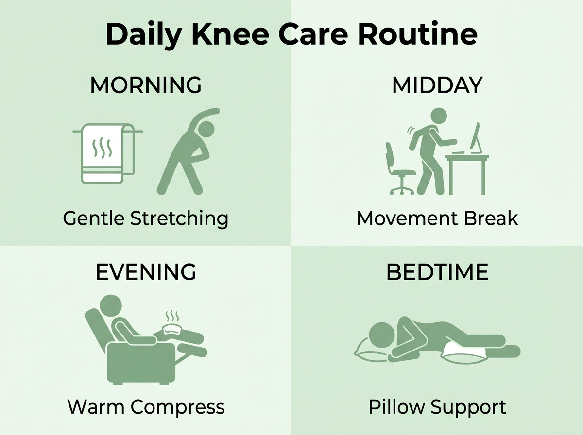 Daily knee care routine timeline showing morning, midday, evening, and bedtime activities