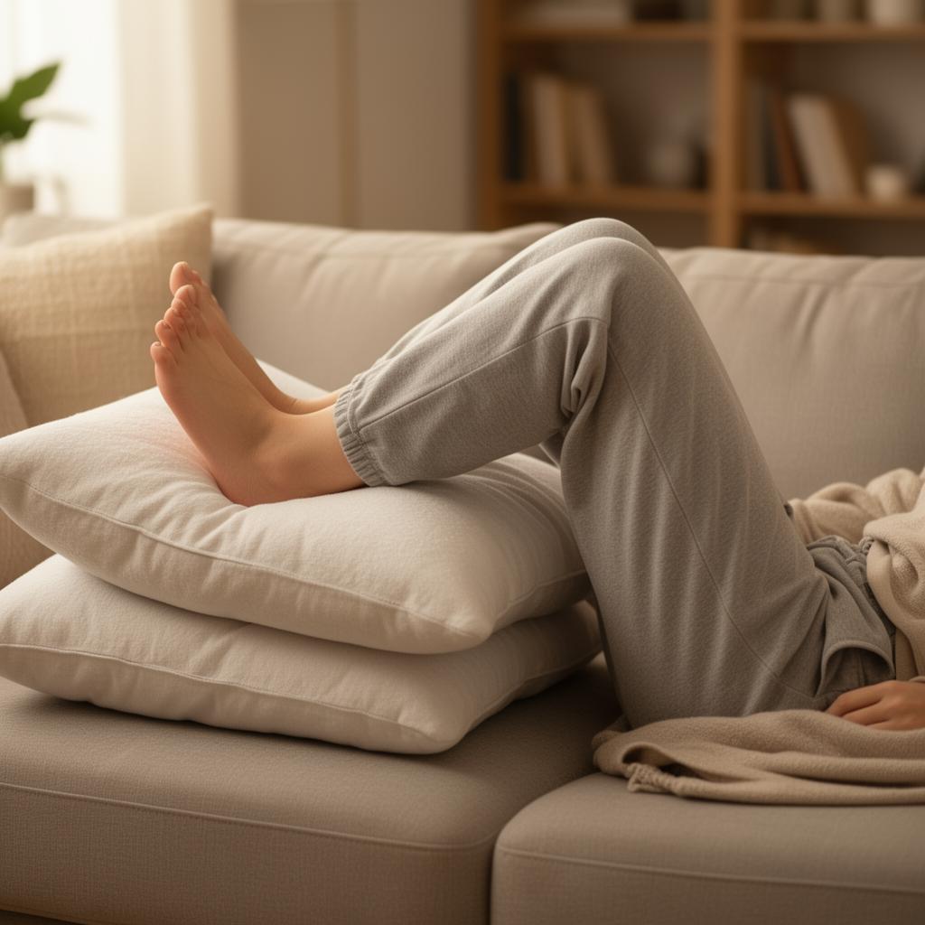 Person resting with leg elevated on pillows for knee comfort