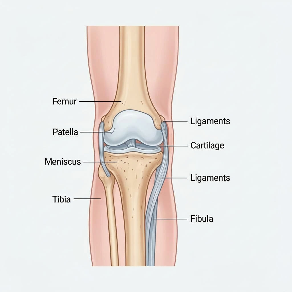 Basic knee joint anatomy diagram showing femur, tibia, patella, cartilage, and meniscus