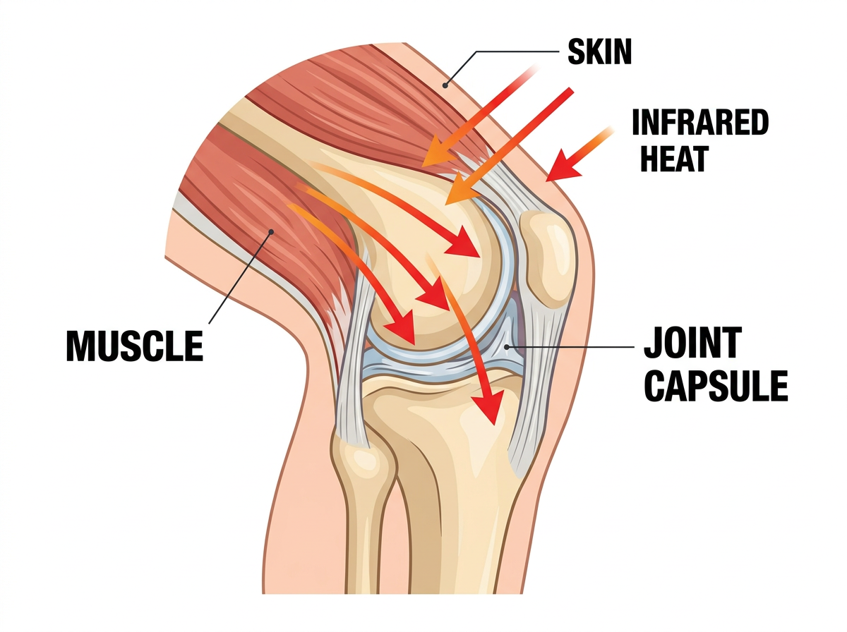Diagram showing infrared heat penetrating deep into knee tissue layers