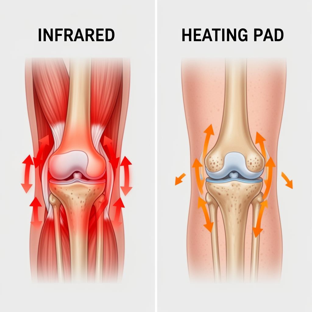 Side by side comparison of infrared heat depth versus heating pad surface warmth on a knee