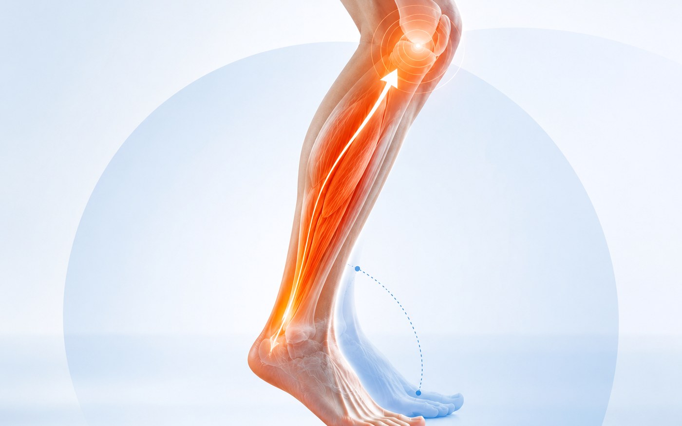 Anatomical lower-leg visual showing how ankle motion and calf loading connect with the knee during reverse stepping