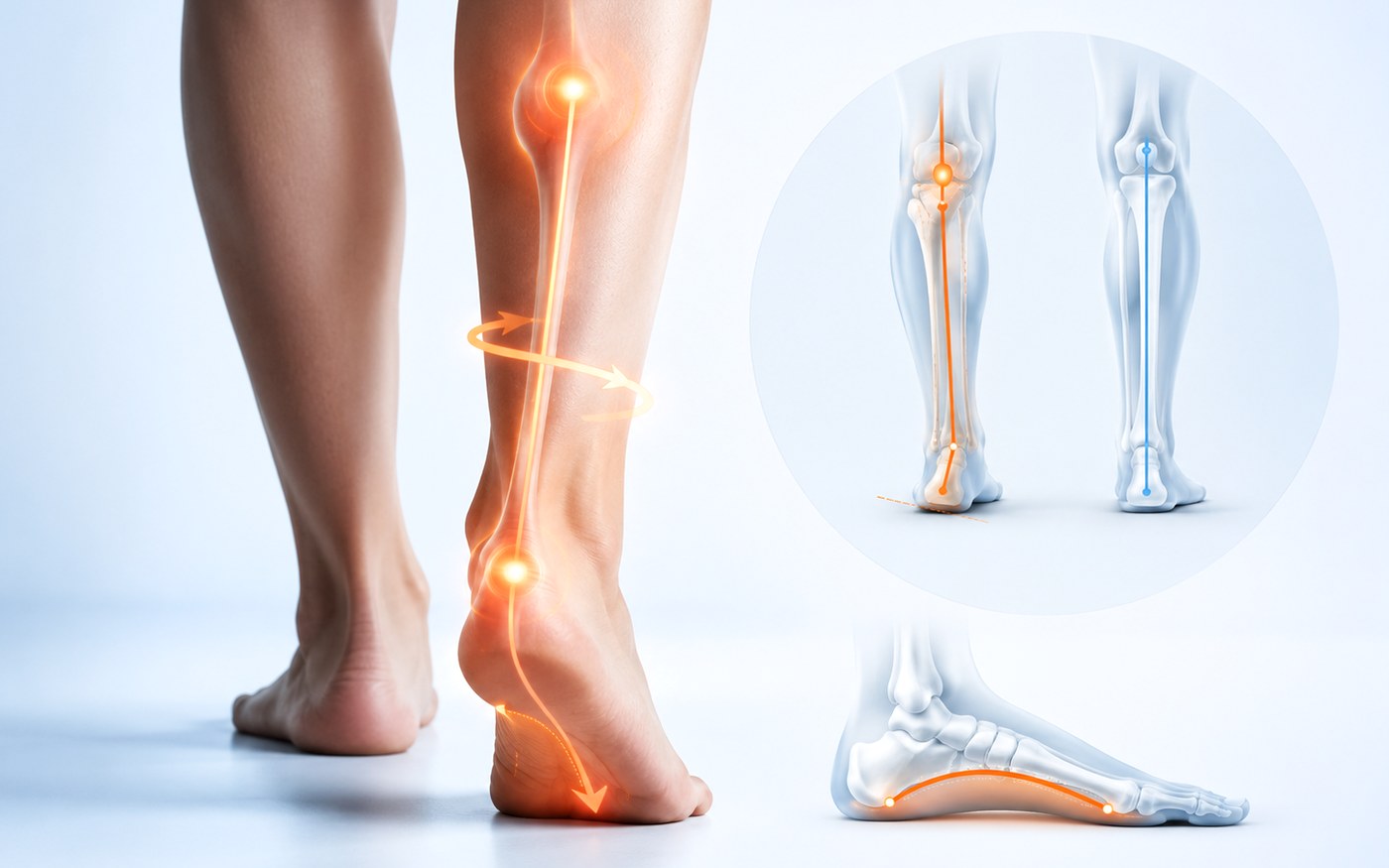 Lower-limb alignment and gait-control visual showing the connection between foot placement, shin rotation, and knee position