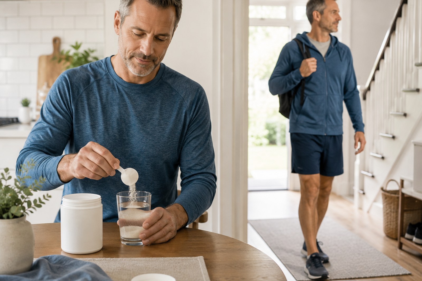 Active adult mixing collagen powder into water before a walk as part of a consistent knee care routine