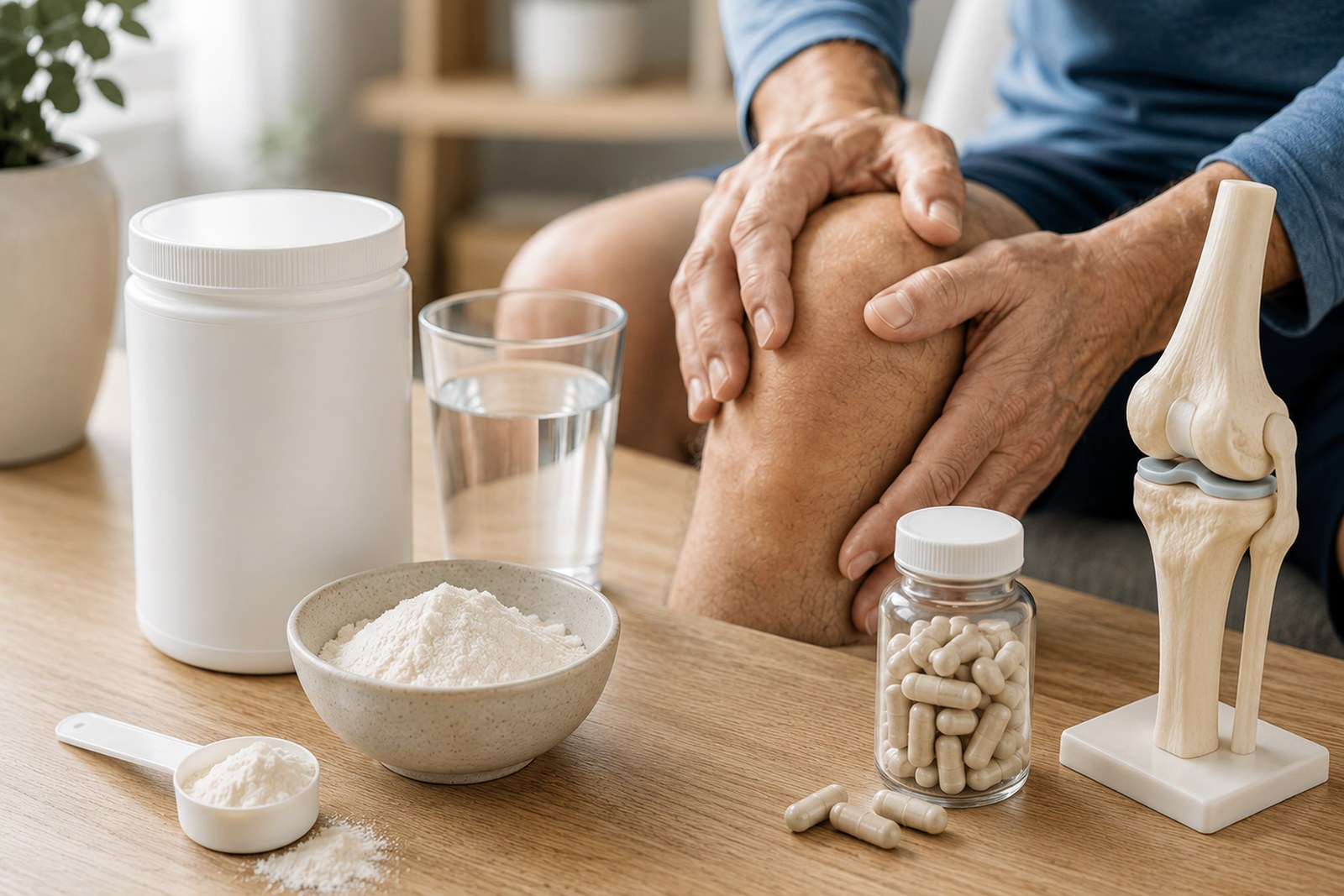 Collagen powder, capsules, a knee joint model, and an adult comparing collagen supplement forms for knee support