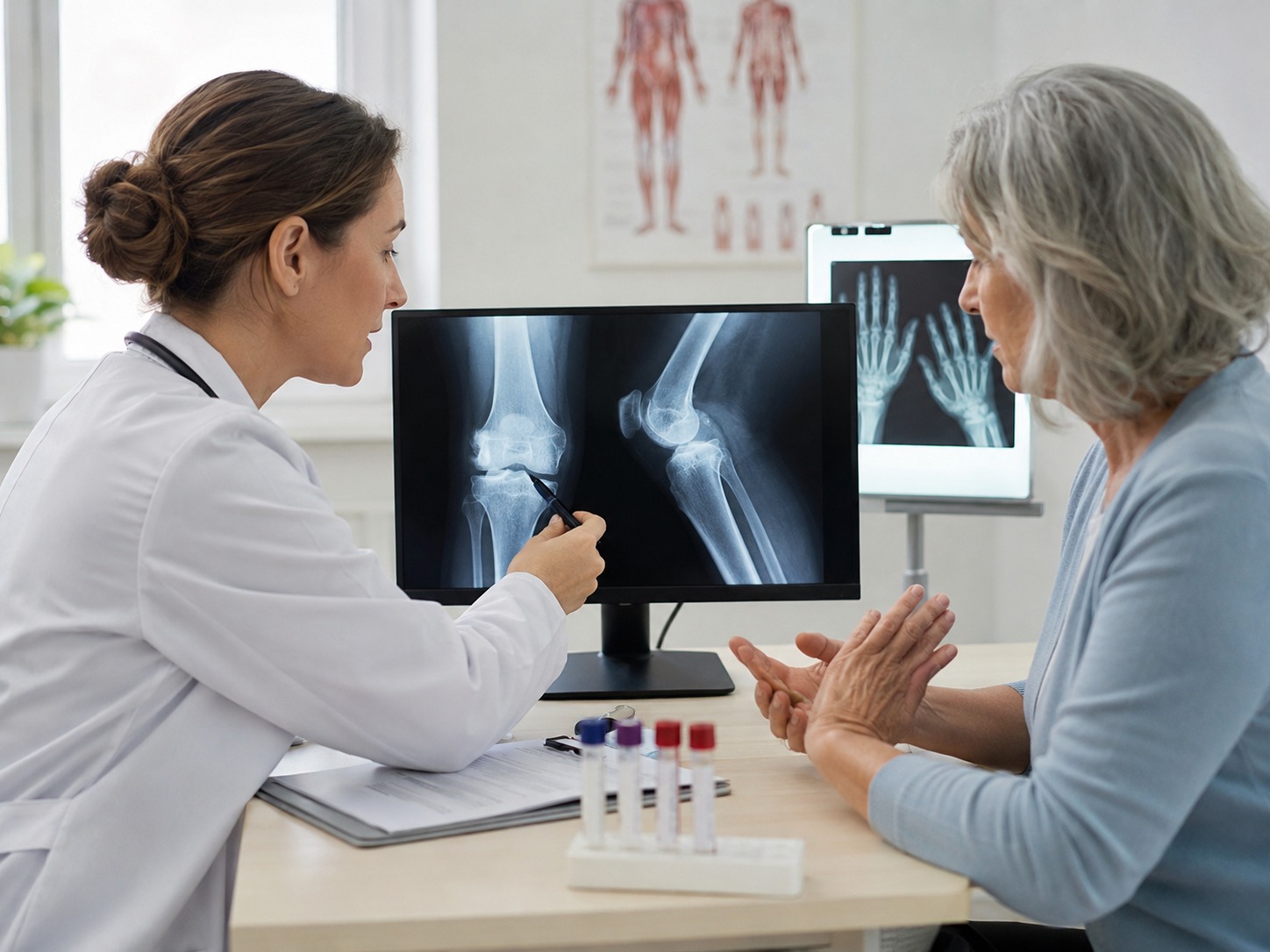 A doctor reviewing knee X-rays and related tests with an older patient during an arthritis assessment