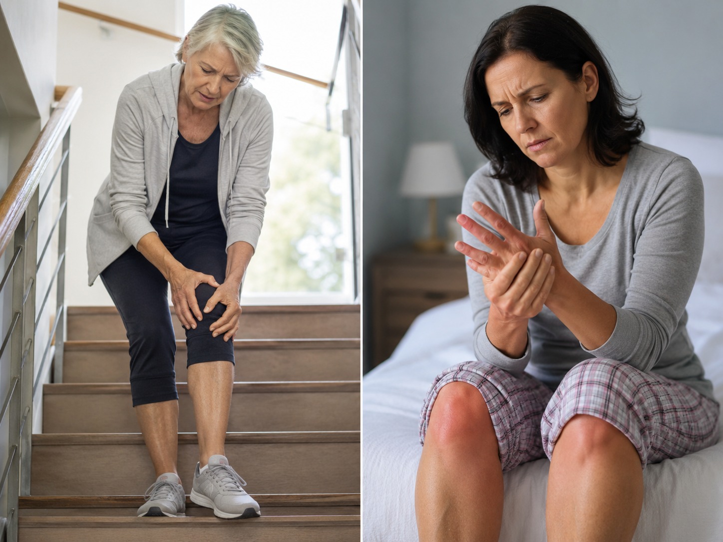 A side-by-side visual comparison of knee osteoarthritis and rheumatoid arthritis symptoms, including load-related pain versus inflammatory joint symptoms