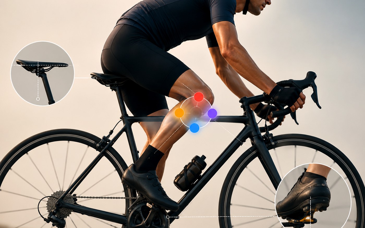 Cyclist with knee and bike-fit markers showing the importance of saddle and foot position