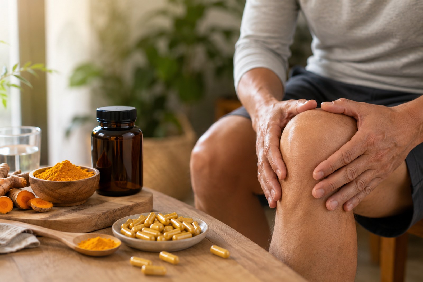 Adult reviewing a turmeric supplement beside water and turmeric capsules while monitoring knee symptoms