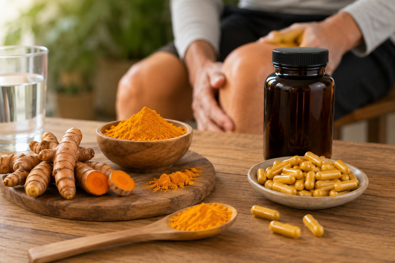 Fresh turmeric root, turmeric powder, curcumin capsules, and a supplement bottle arranged for comparison