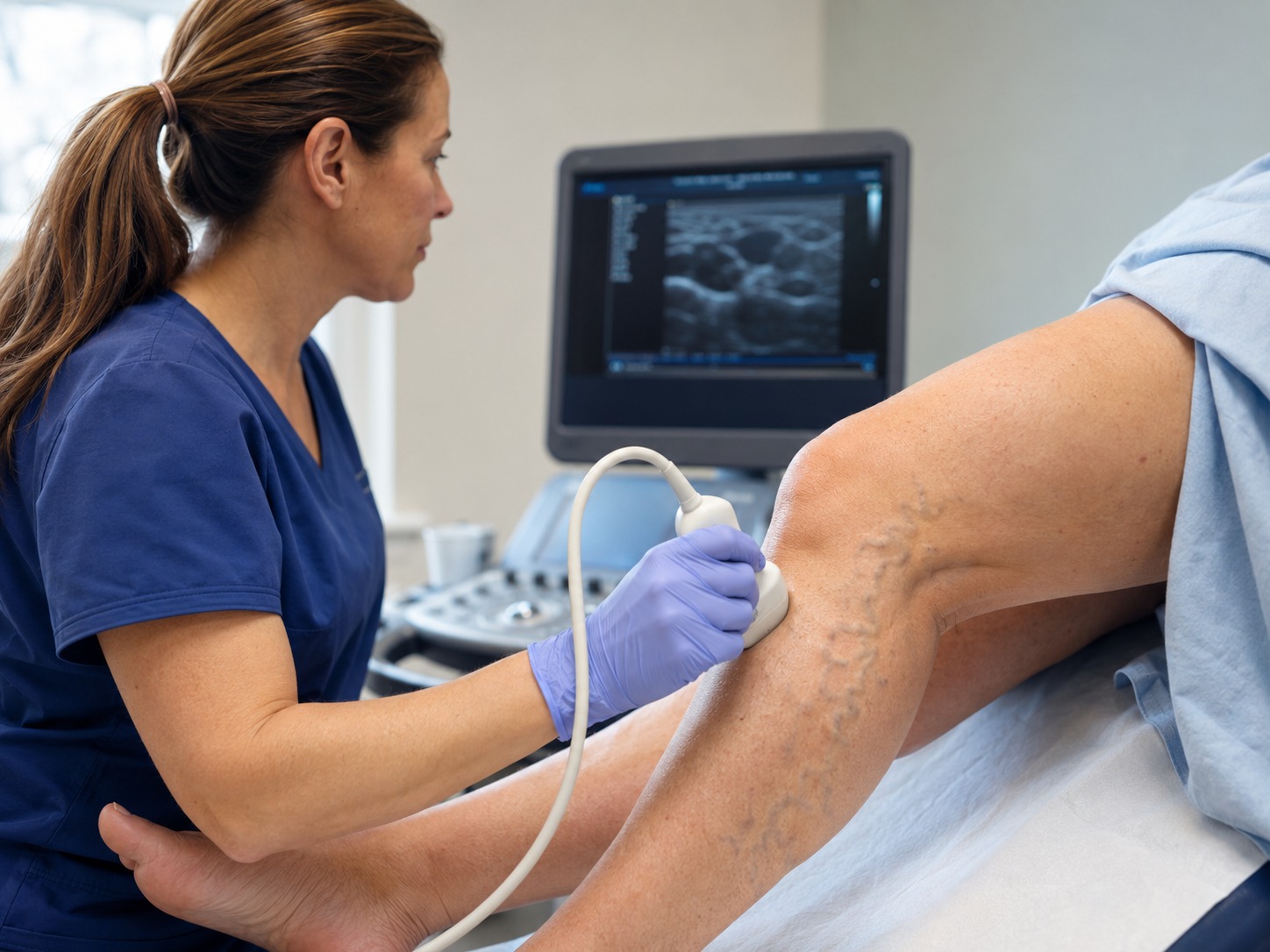 A clinician using ultrasound to assess veins around the knee and calf in a medical exam room