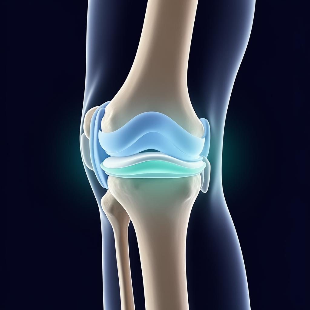 Knee joint with protective soft tissue cushioning layers highlighted between bones