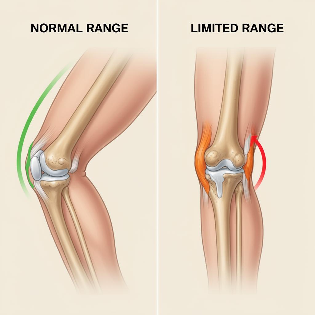 Joint mobility comparison showing normal range versus limited range of knee movement
