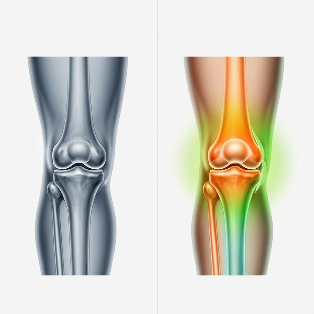 Comparison showing stiff vs mobile knee joint representing mobility recovery