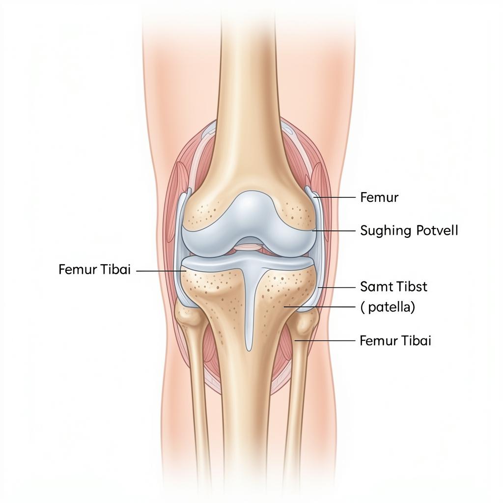 Front view of the knee joint showing the kneecap, femur, tibia, and surrounding soft tissues