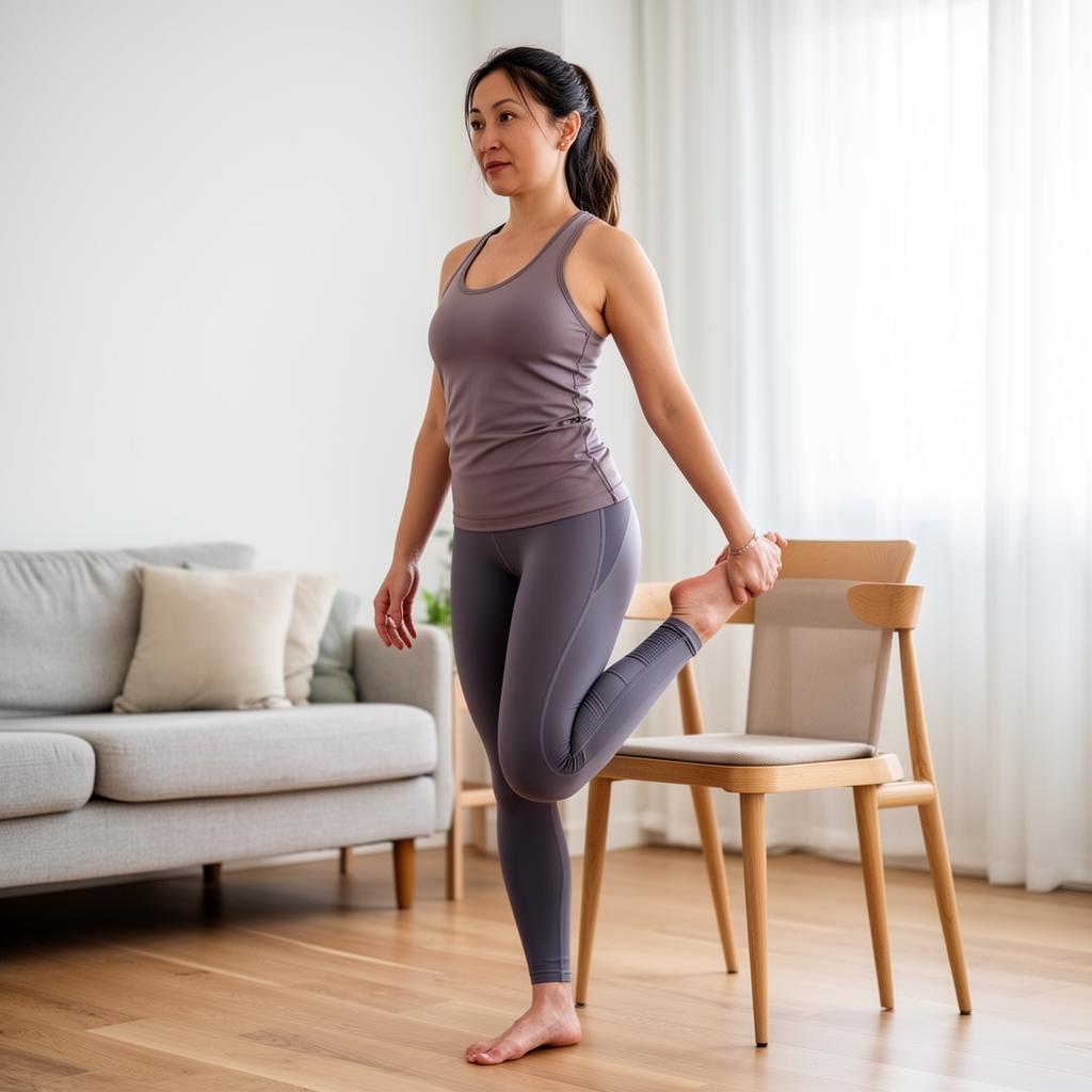 A person doing a standing quad stretch at home, demonstrating a common knee recovery movement