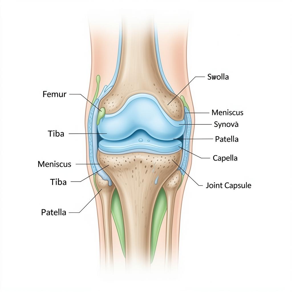 Knee joint anatomy showing femur, tibia, patella, and synovial fluid