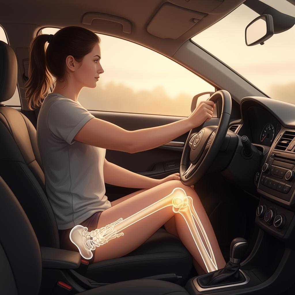 Knee bending during driving showing skeletal overlay of knee joint in flexed position