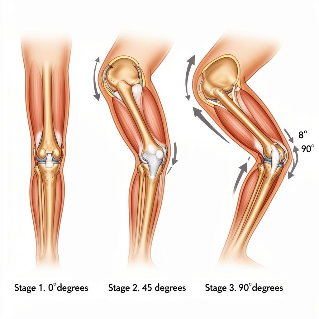 Illustration showing three stages of knee bending motion from straight to fully bent position
