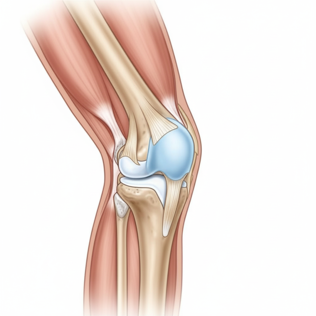 Side view of the knee showing the prepatellar bursa location in front of the kneecap