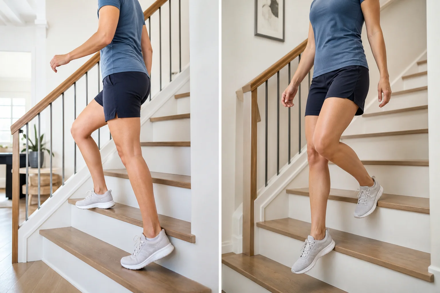 Side-by-side view of an adult walking up stairs and walking down stairs with both knees clearly visible