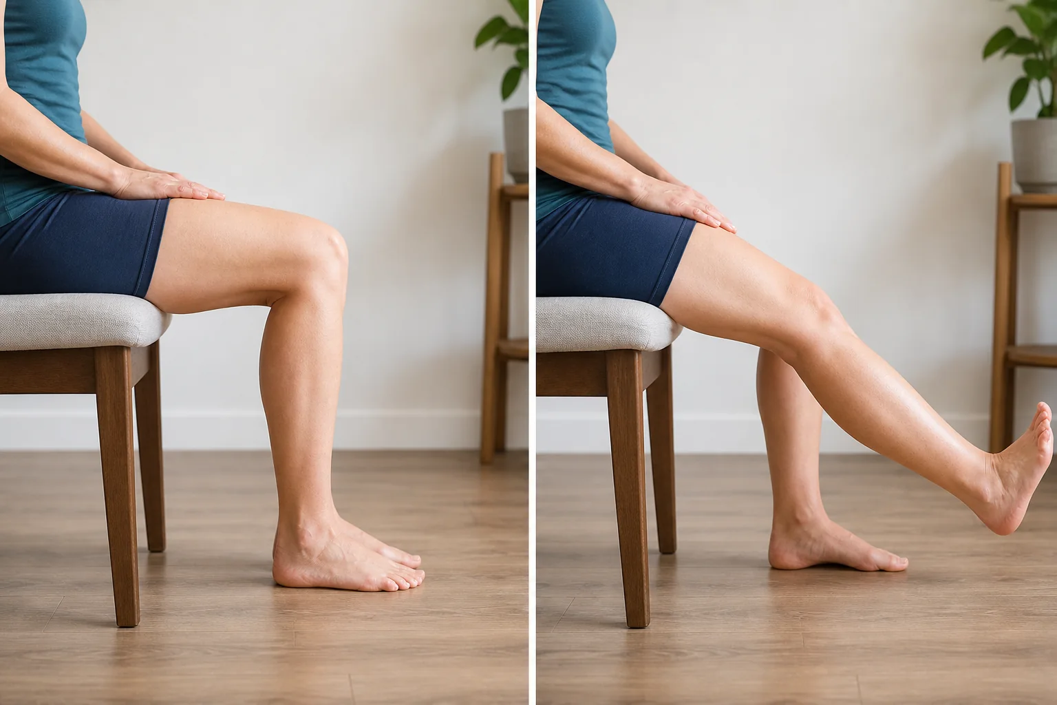 Two-step sequence showing an adult seated with the knee bent and then straightening the lower leg