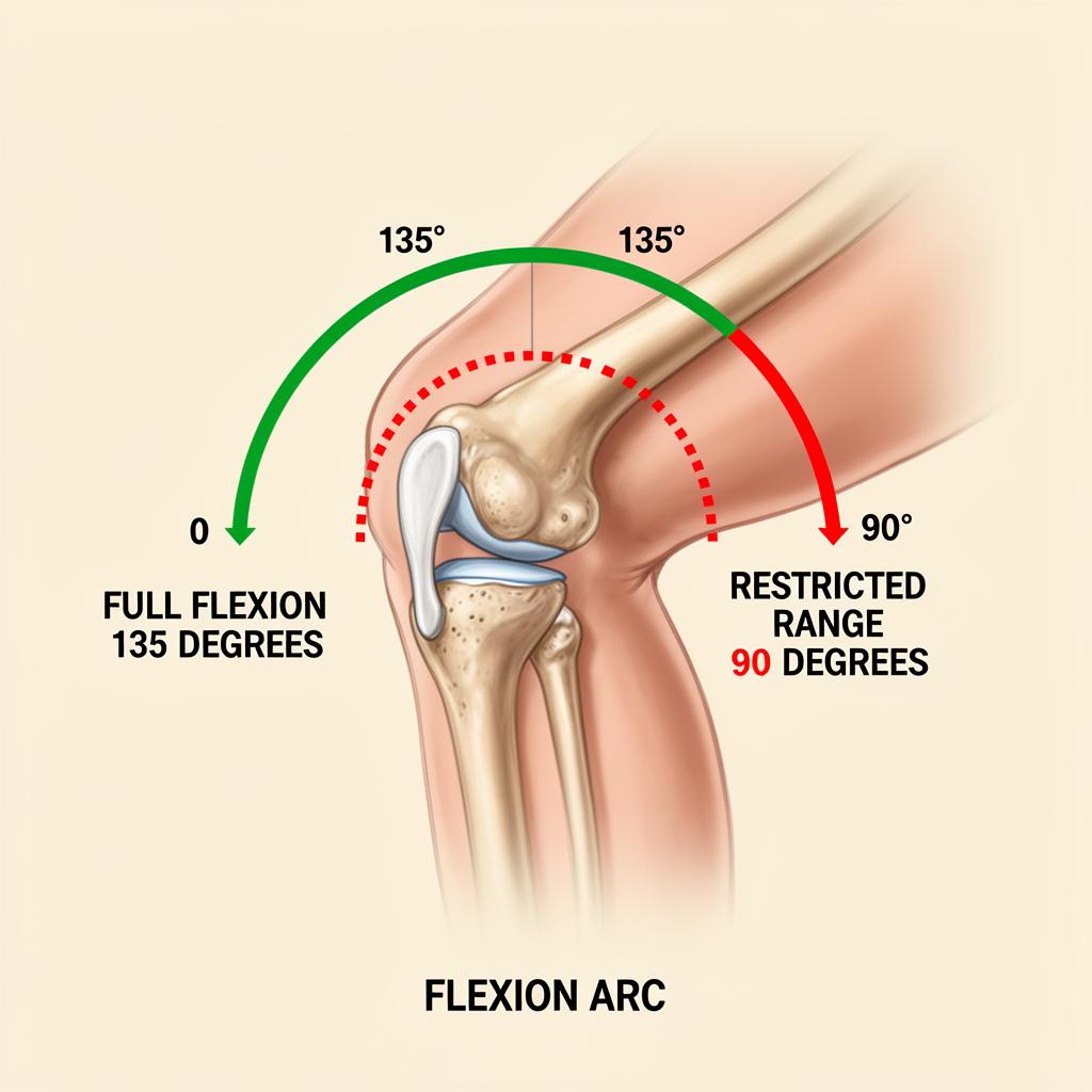 Knee flexion range diagram showing full flexion at 135 degrees versus restricted range at 90 degrees