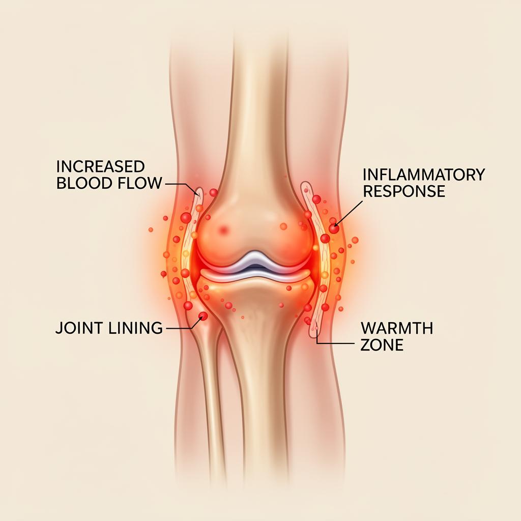 Knee inflammation visualization showing increased blood flow, inflammatory response, joint lining, and warmth zone