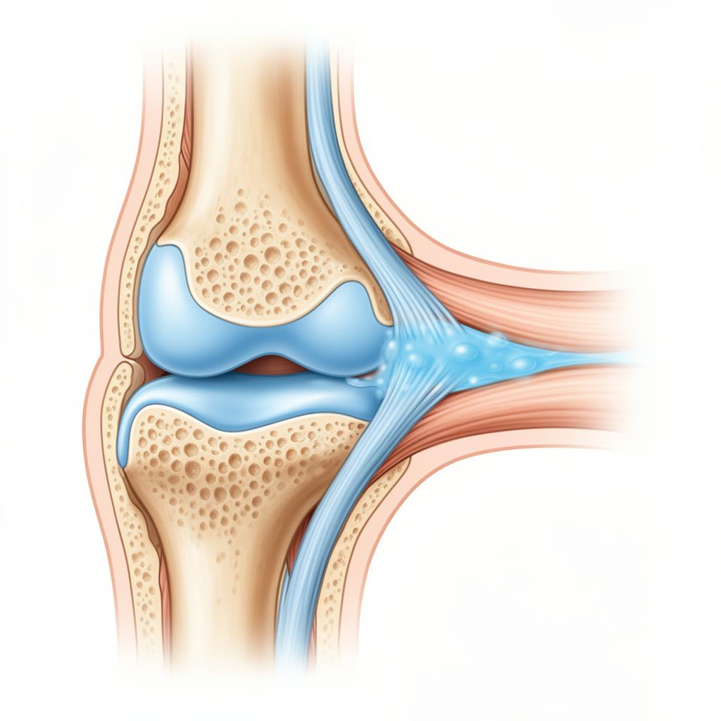 Cross-section illustration of the knee joint showing cartilage, ligaments, and synovial fluid