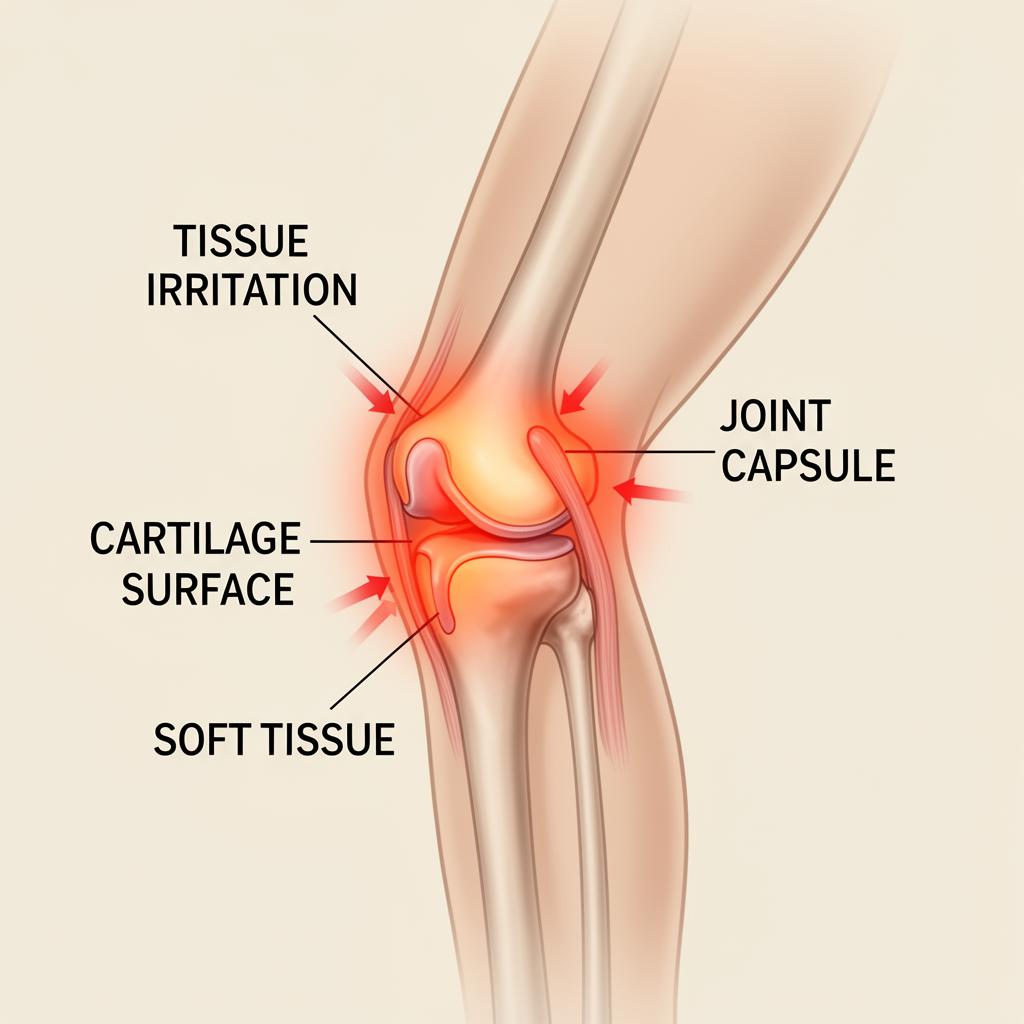 Knee joint irritation diagram showing tissue irritation, joint capsule, cartilage surface, and soft tissue areas