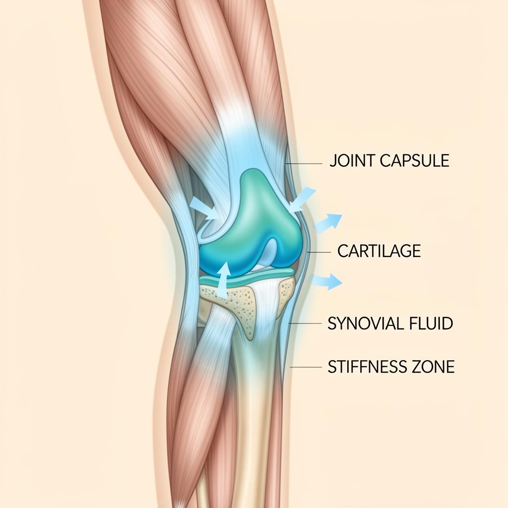Knee joint stiffness diagram showing joint capsule, cartilage, synovial fluid, and stiffness zone