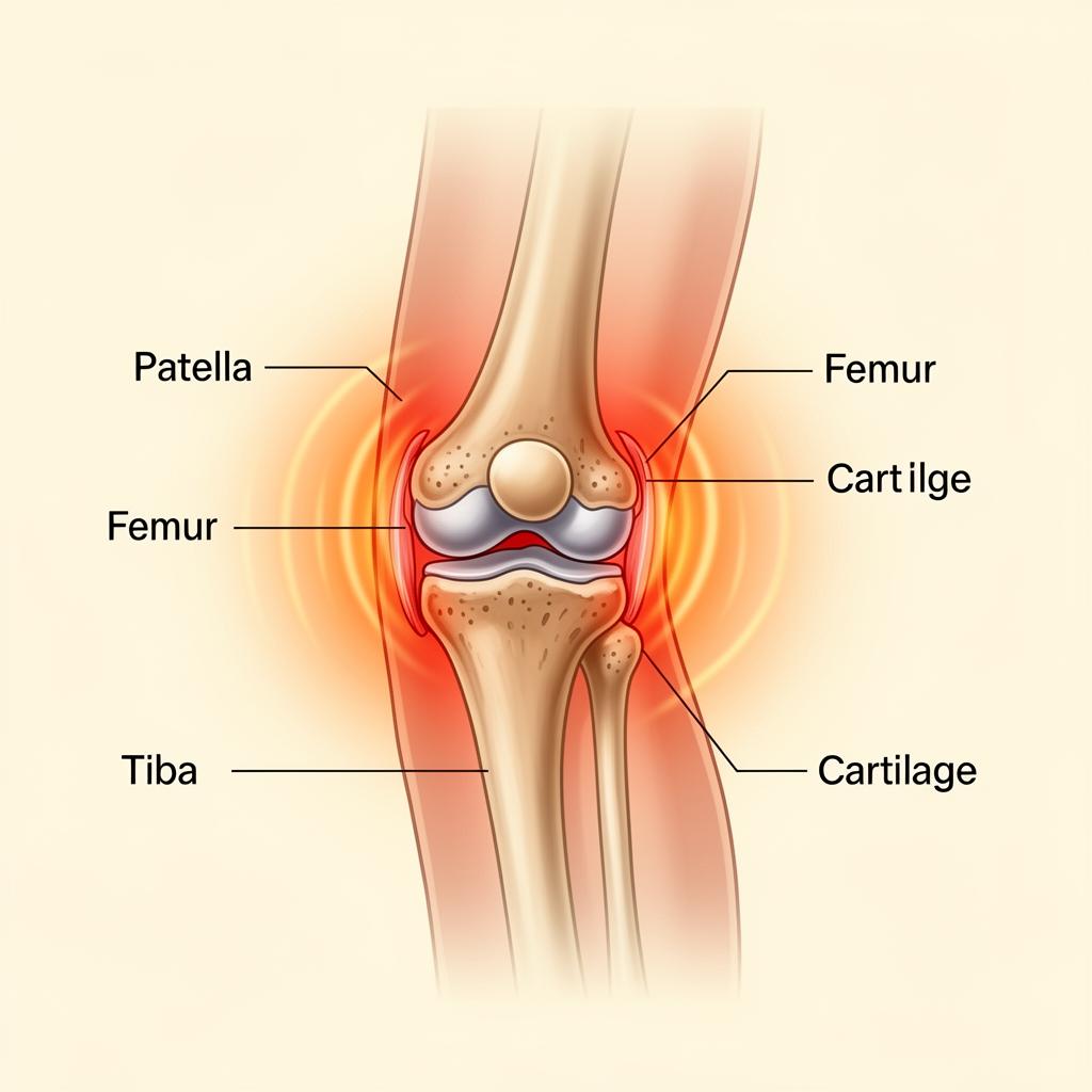 Knee joint diagram showing warmth radiating around the joint area