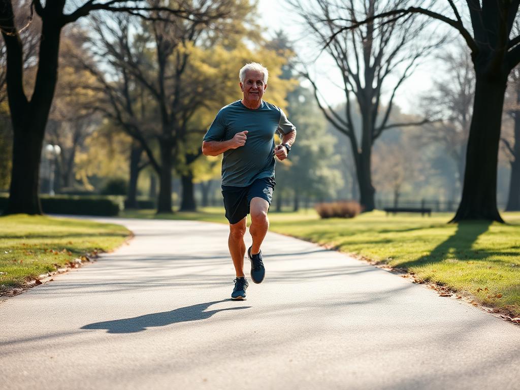 A middle-aged man jogging on a park path, demonstrating the type of activity that commonly leads to post-exercise knee soreness