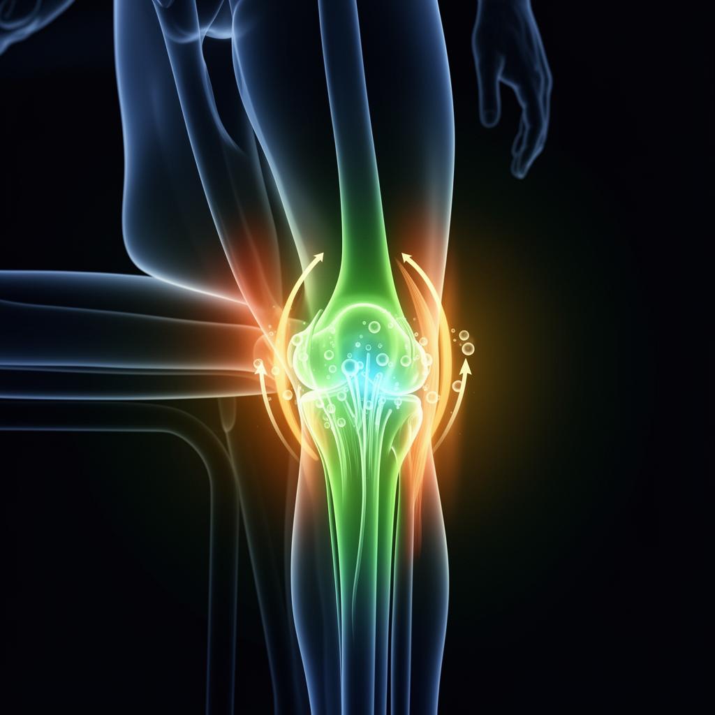 Knee joint movement restoration showing synovial fluid circulation and muscle activation