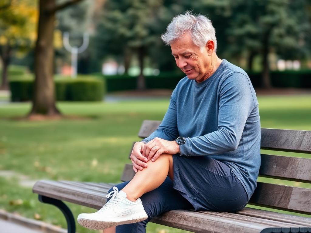 A man sitting on a park bench and gently holding his knee, representing the need to listen to your body after exercise