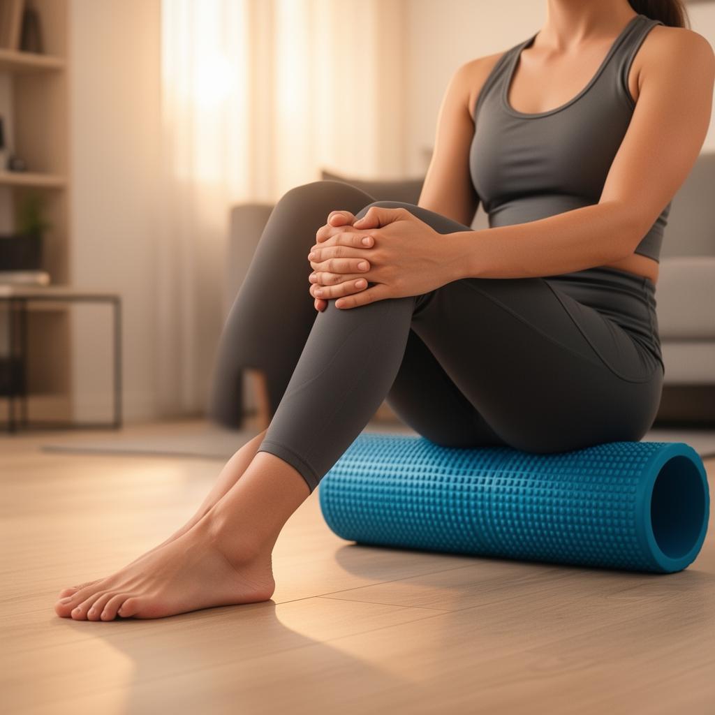 Post-workout recovery with foam rolling for leg muscles and knee comfort