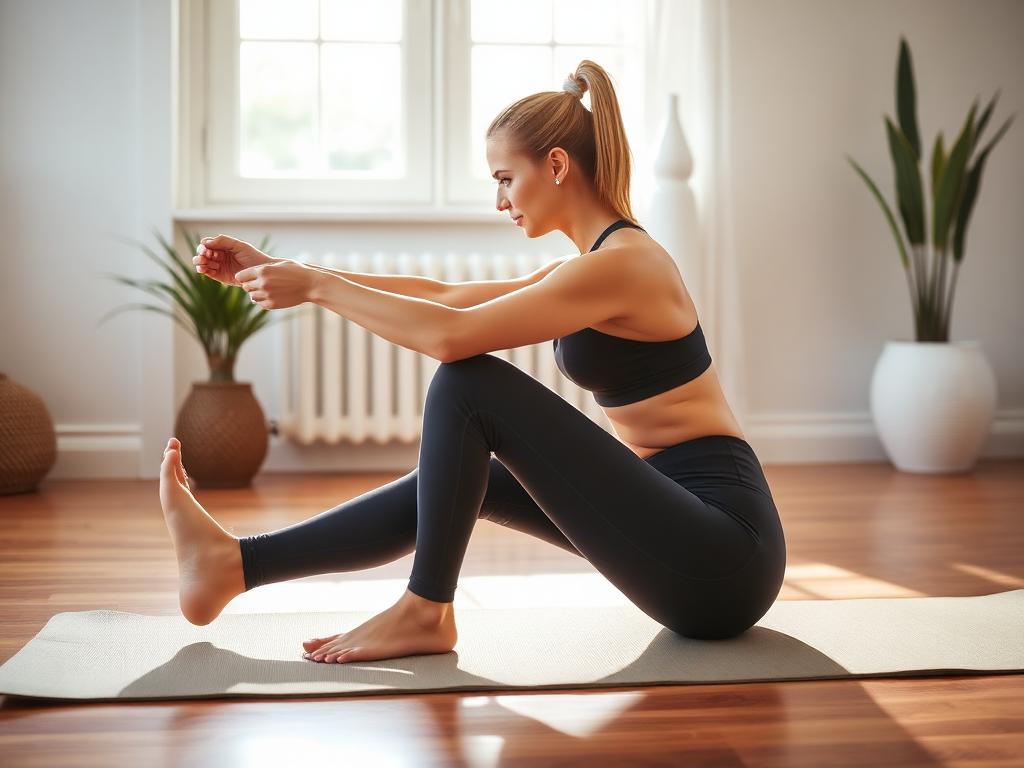 Illustration of a person performing a seated hamstring stretch for knee recovery