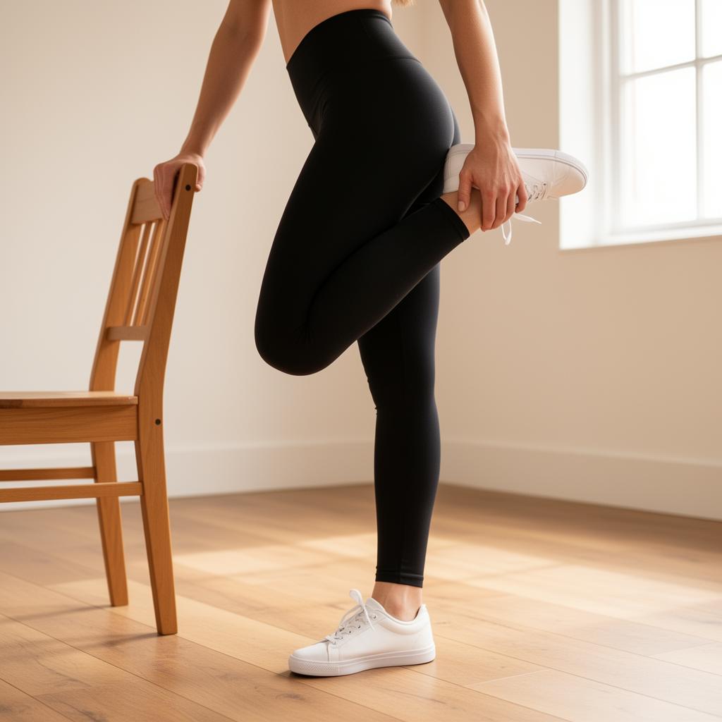 Illustration of a person performing a standing quad stretch for knee recovery after exercise