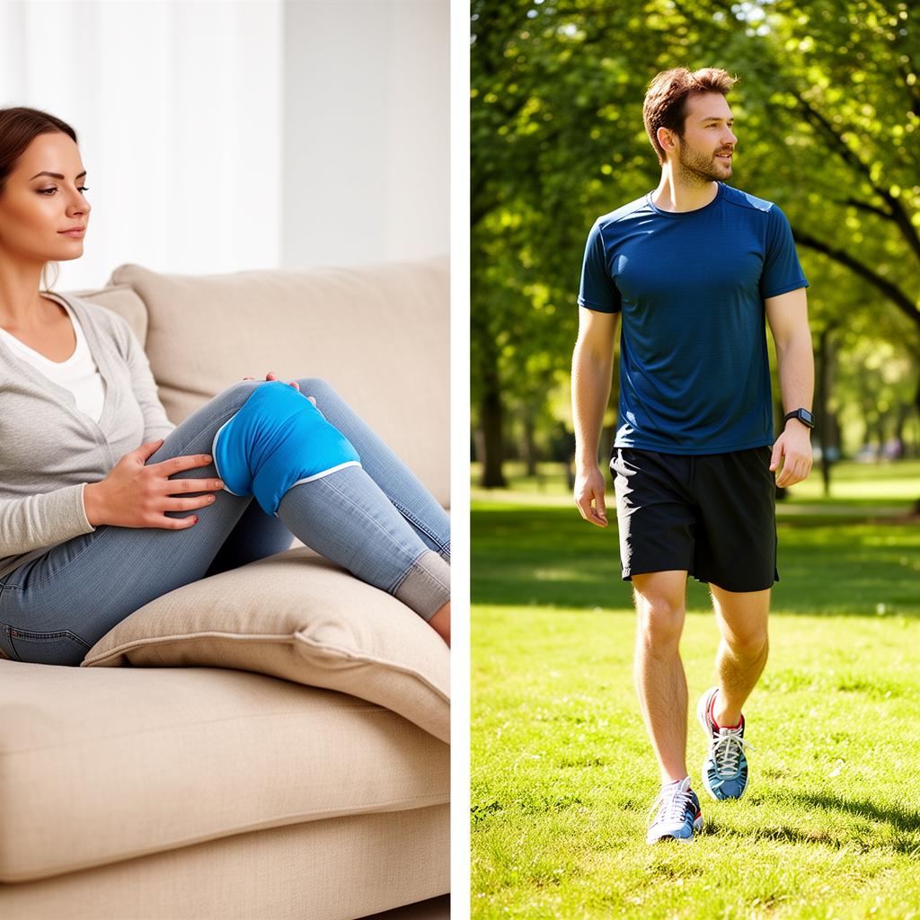Illustration comparing rest and active recovery approaches for knee comfort after exercise